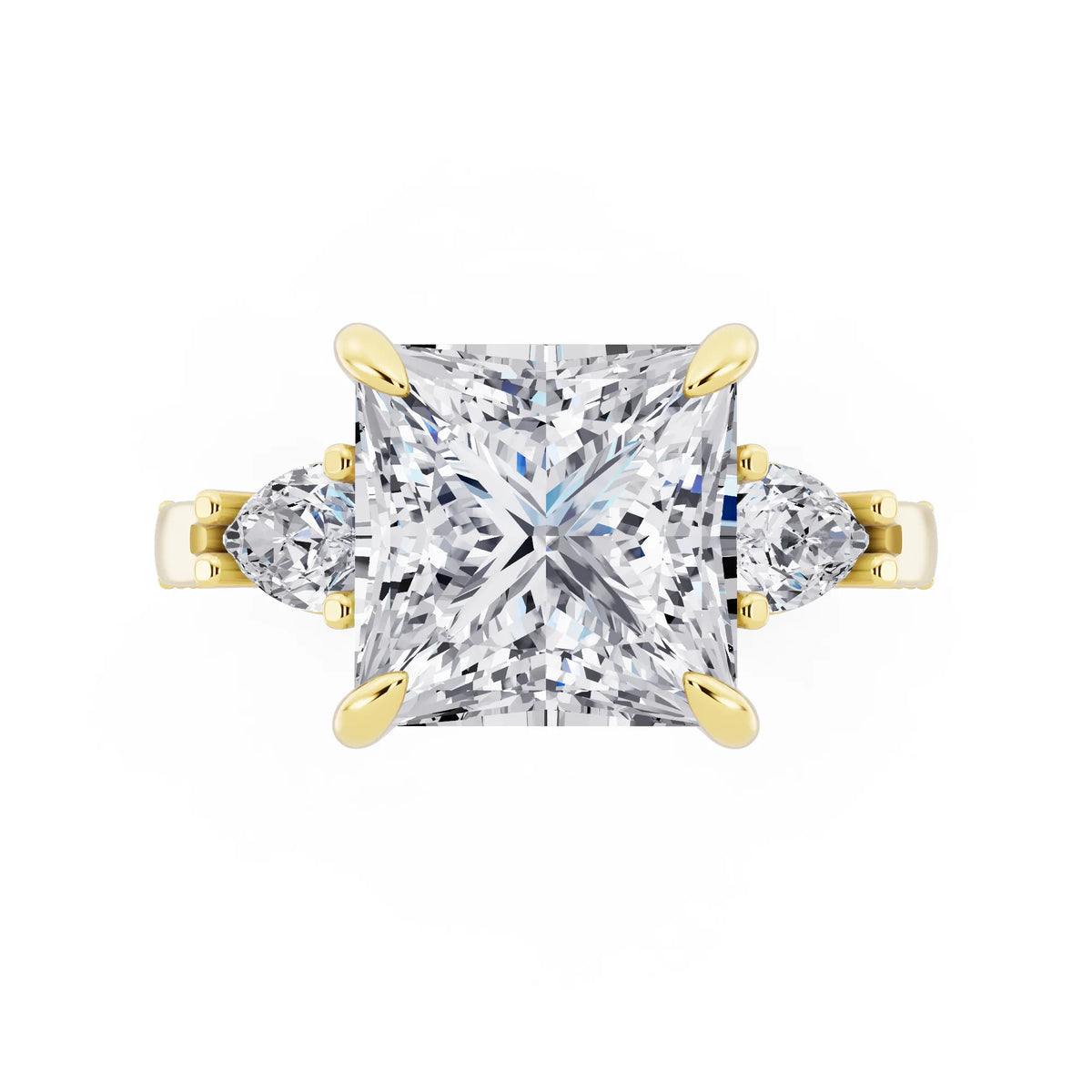 18 KT Yellow Gold Princess Cut Diamond Three Stone Pear Accent Vintage Pave Ring - top angle