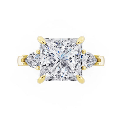 18 KT Yellow Gold Princess Cut Diamond Three Stone Pear Accent Vintage Pave Ring - top angle