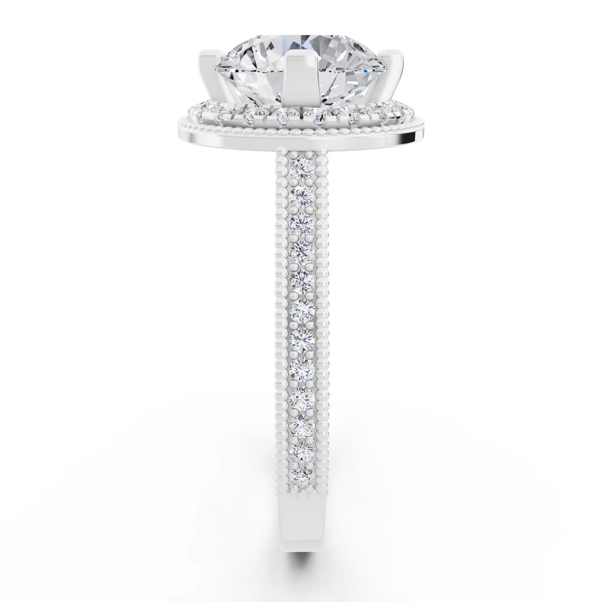Platinum Round Cut Diamond Vintage Halo Ring with Milgrain Band - Side view