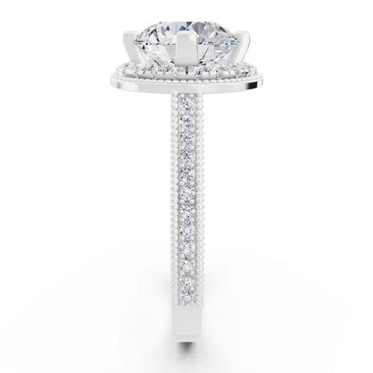 Platinum Round Cut Diamond Vintage Halo Ring with Milgrain Band - Side view