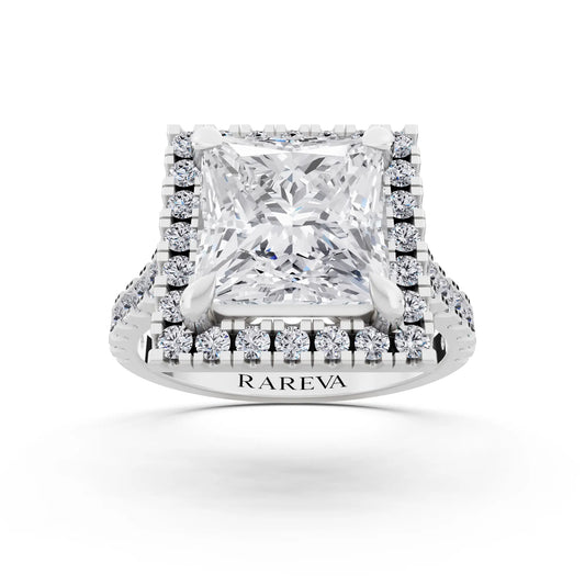 18 KT White Gold Princess Cut Diamond Halo Ring with Pave Cathedral Band - Front