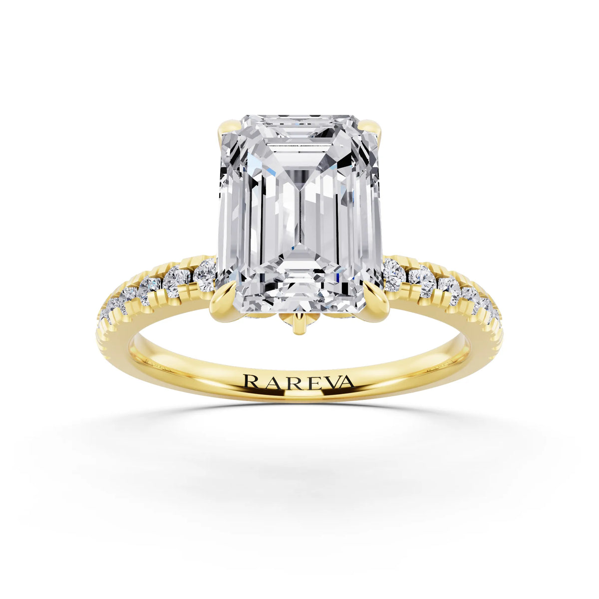 18 KT Yellow Gold Emerald Cut Diamond Solitaire Ring with Marquise Collar - front view