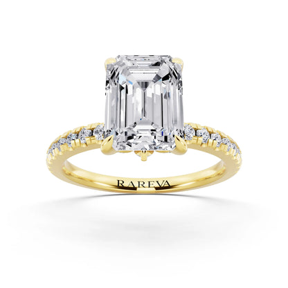 18 KT Yellow Gold Emerald Cut Diamond Solitaire Ring with Marquise Collar - front view