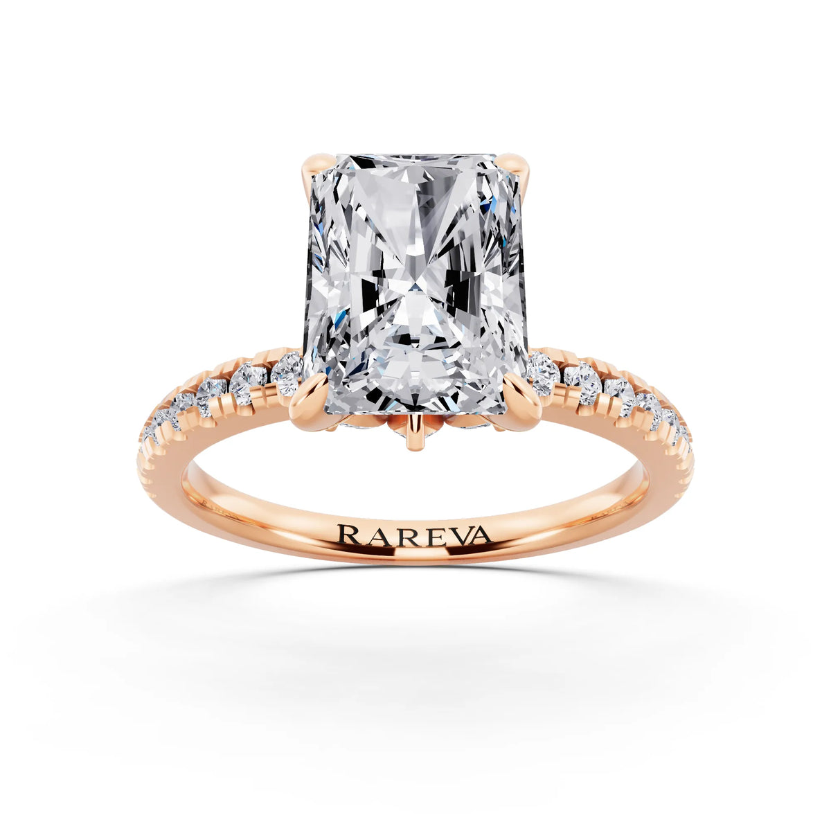 18 KT Rose Gold Radiant Cut Diamond Solitaire Ring with Marquise Collar - front view