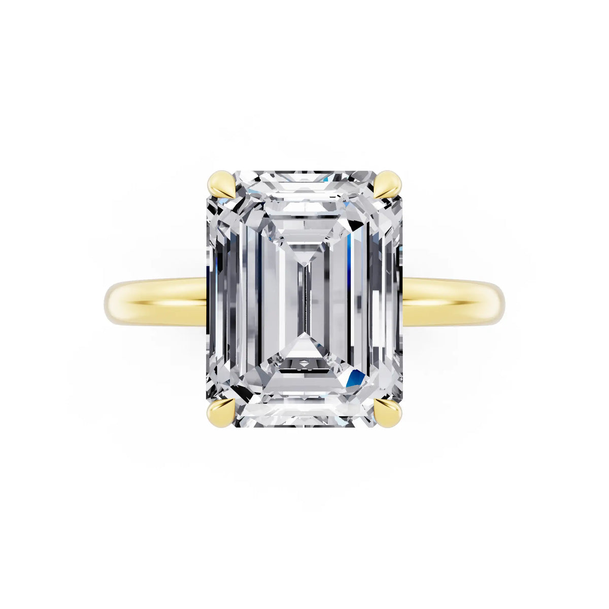 18 KT Yellow Gold Emerald Cut Diamond Solitaire Ring with Hidden Halo - top angle