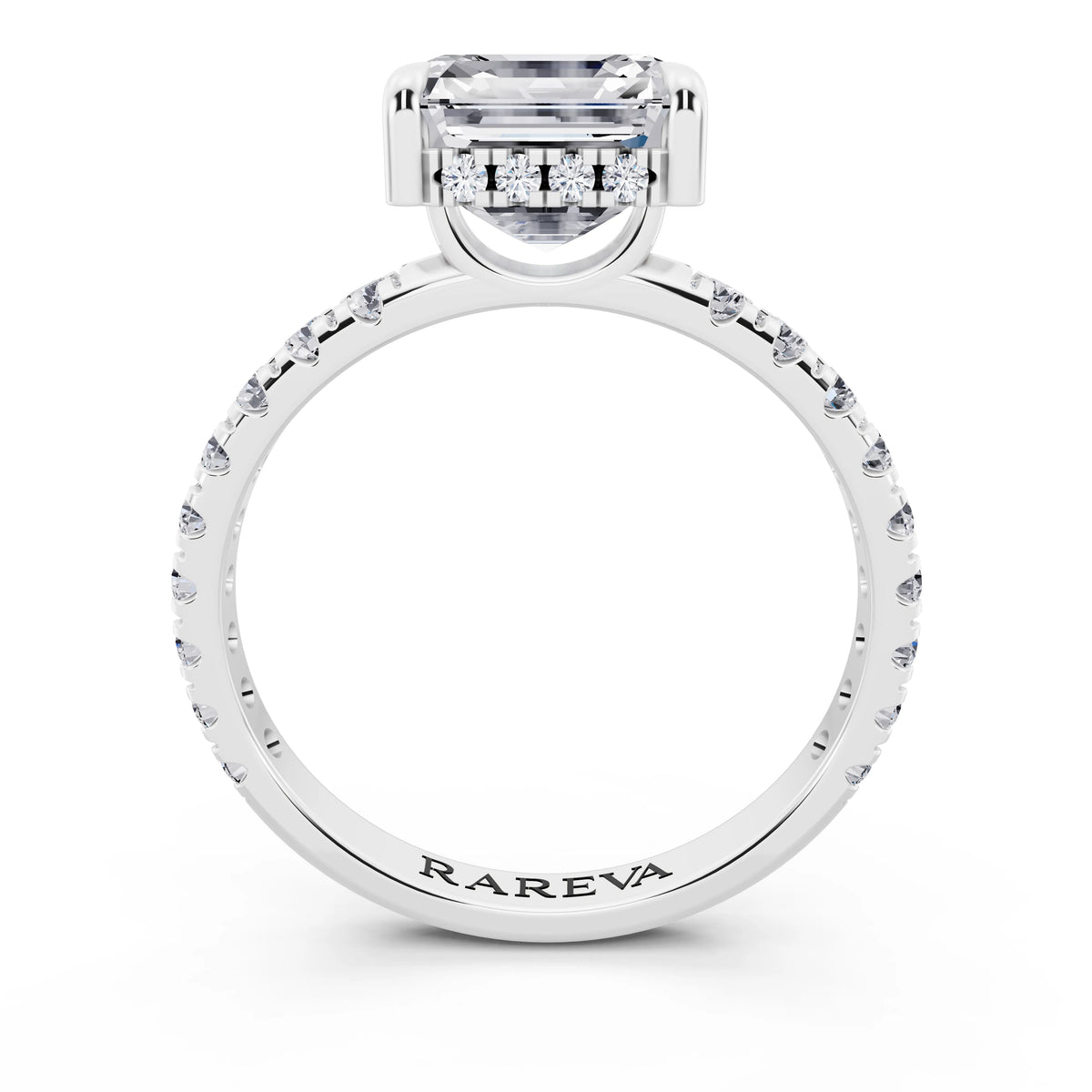 Platinum Asscher Cut Diamond Solitaire Ring with Hidden Halo and French Pave Band - through finger