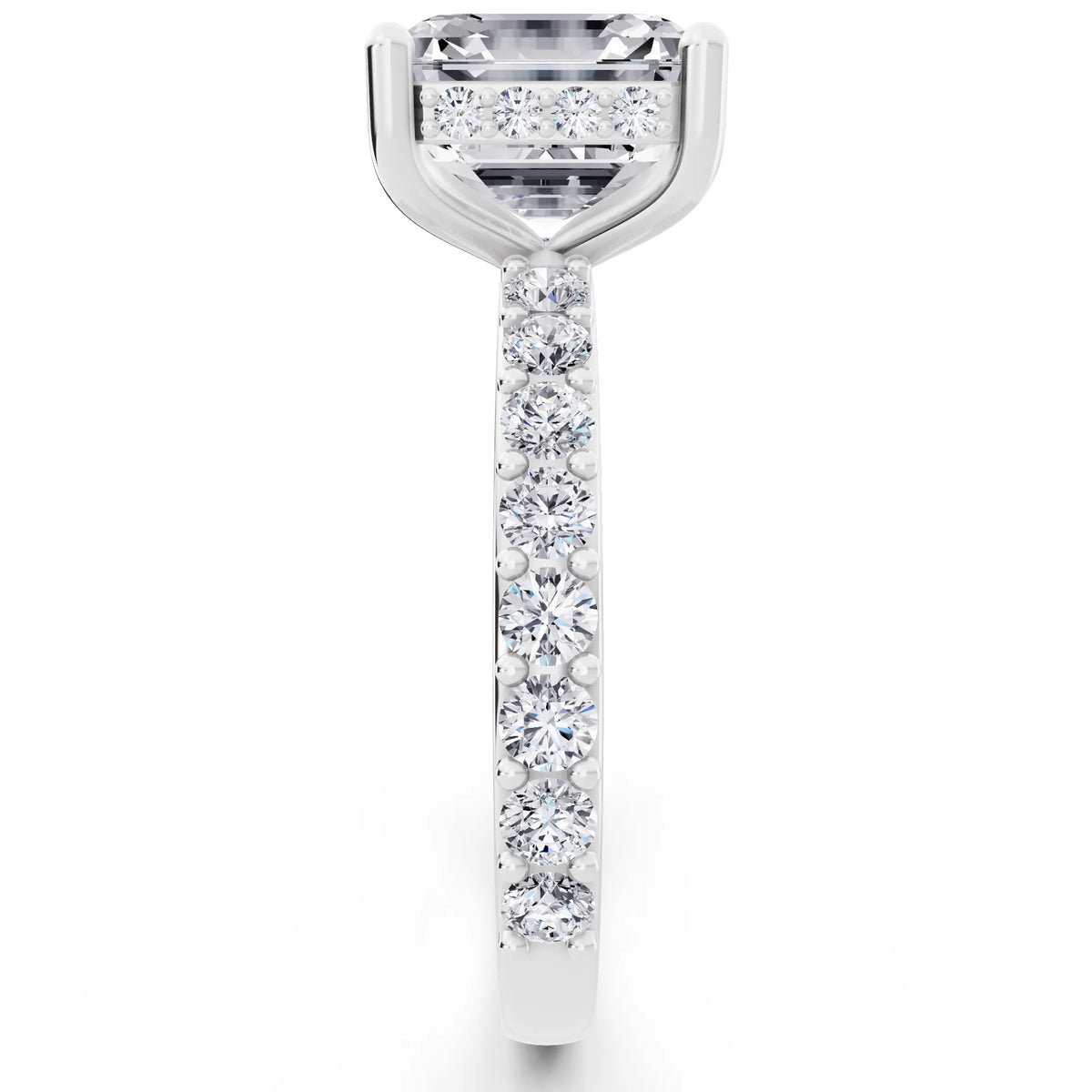 18 KT White Gold Asscher Cut Diamond Solitaire Ring with Hidden Halo and Pave Band - side view