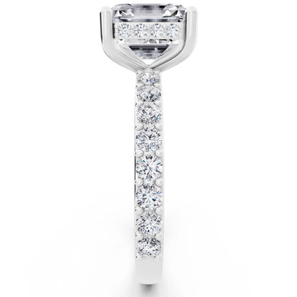 18 KT White Gold Asscher Cut Diamond Solitaire Ring with Hidden Halo and Pave Band - side view