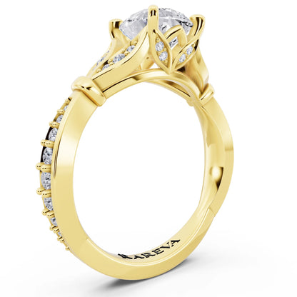 18 KT Yellow Gold Pear Cut Diamond Ring with Lotus Collar - top view