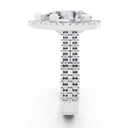 Platinum Pear Cut Diamond Halo Ring with Twin Pave Band - side view