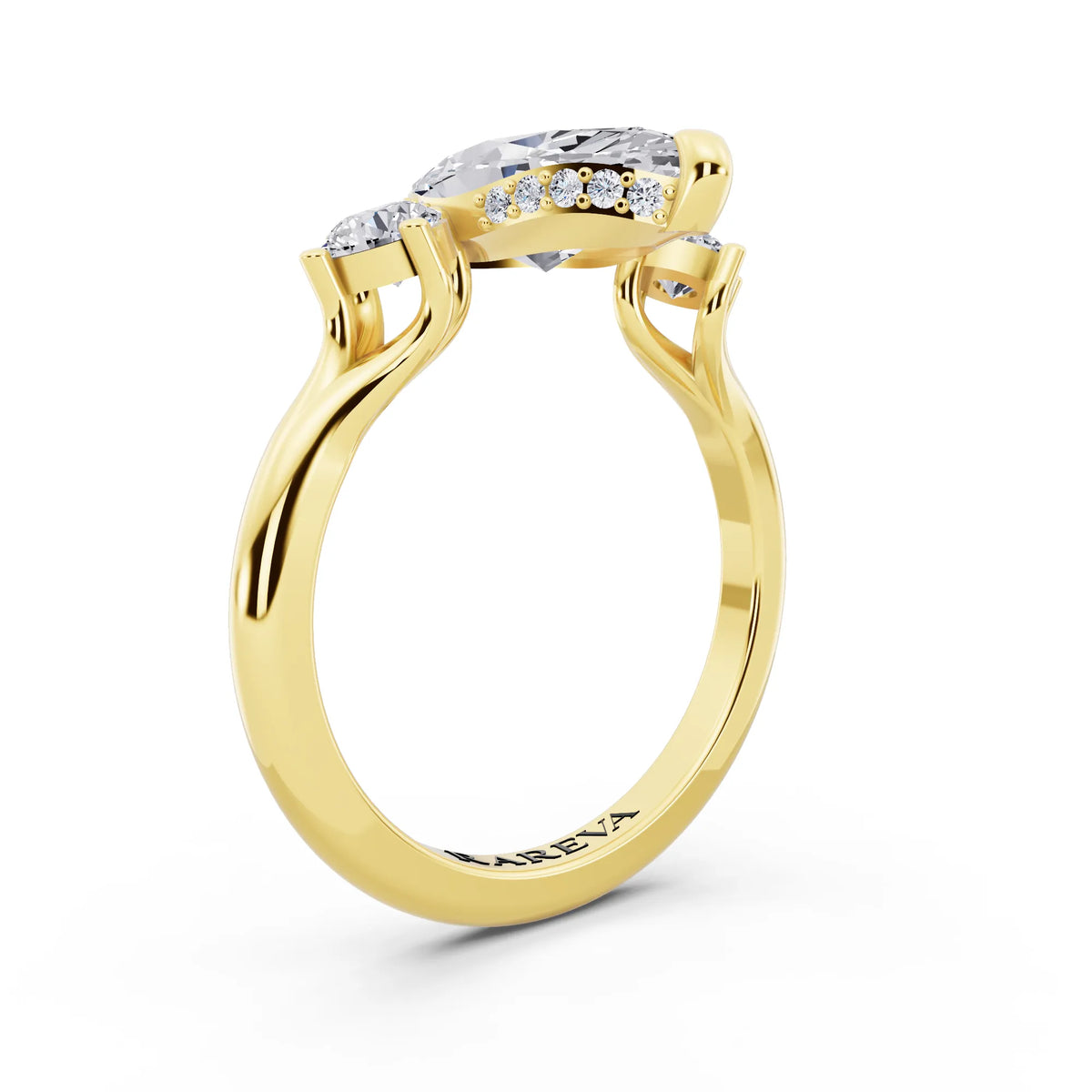18 KT Yellow Gold Marquise Cut Diamond Three Stone Engagement Ring with Hidden Halo - top view