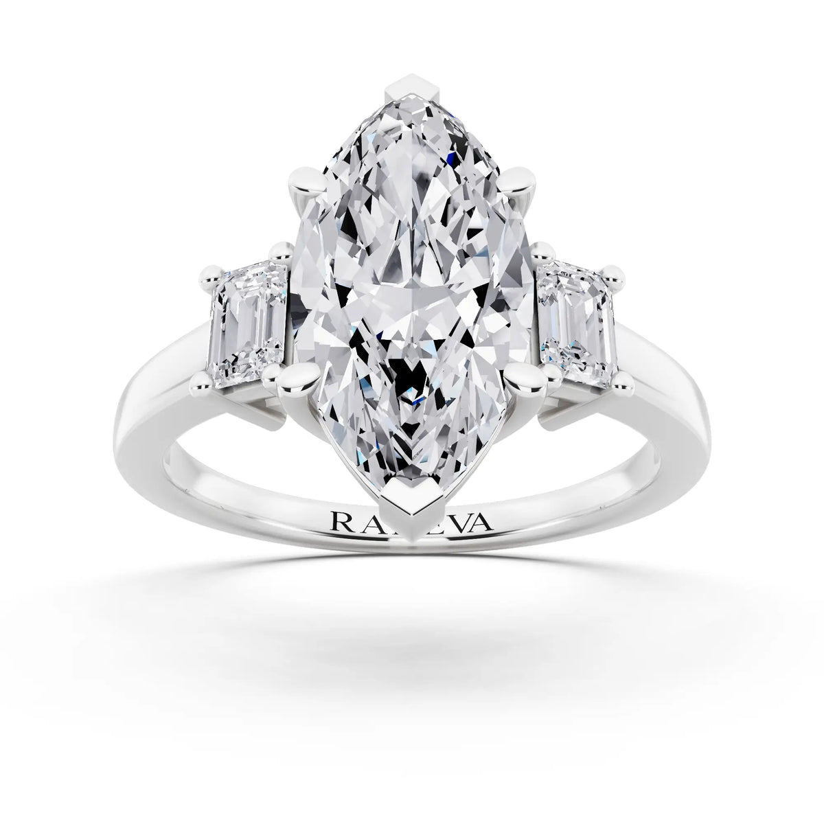Platinum Marquise Cut Diamond Three Stone Emerald Accent Ring - front view