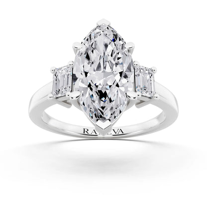 Platinum Marquise Cut Diamond Three Stone Emerald Accent Ring - front view