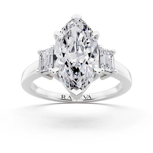 Platinum Marquise Cut Diamond Three Stone Emerald Accent Ring - front view