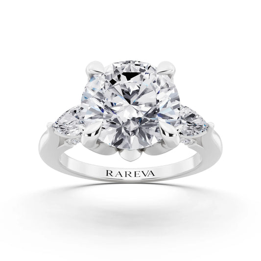 14 KT White Gold Round Cut Diamond Cluster Engagement Ring with Pear Accents and Pavé Band - front view