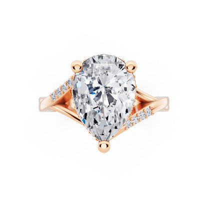 18 KT Rose Gold Pear Cut Diamond Split Shank Engagement Ring with Hidden Halo - top angle