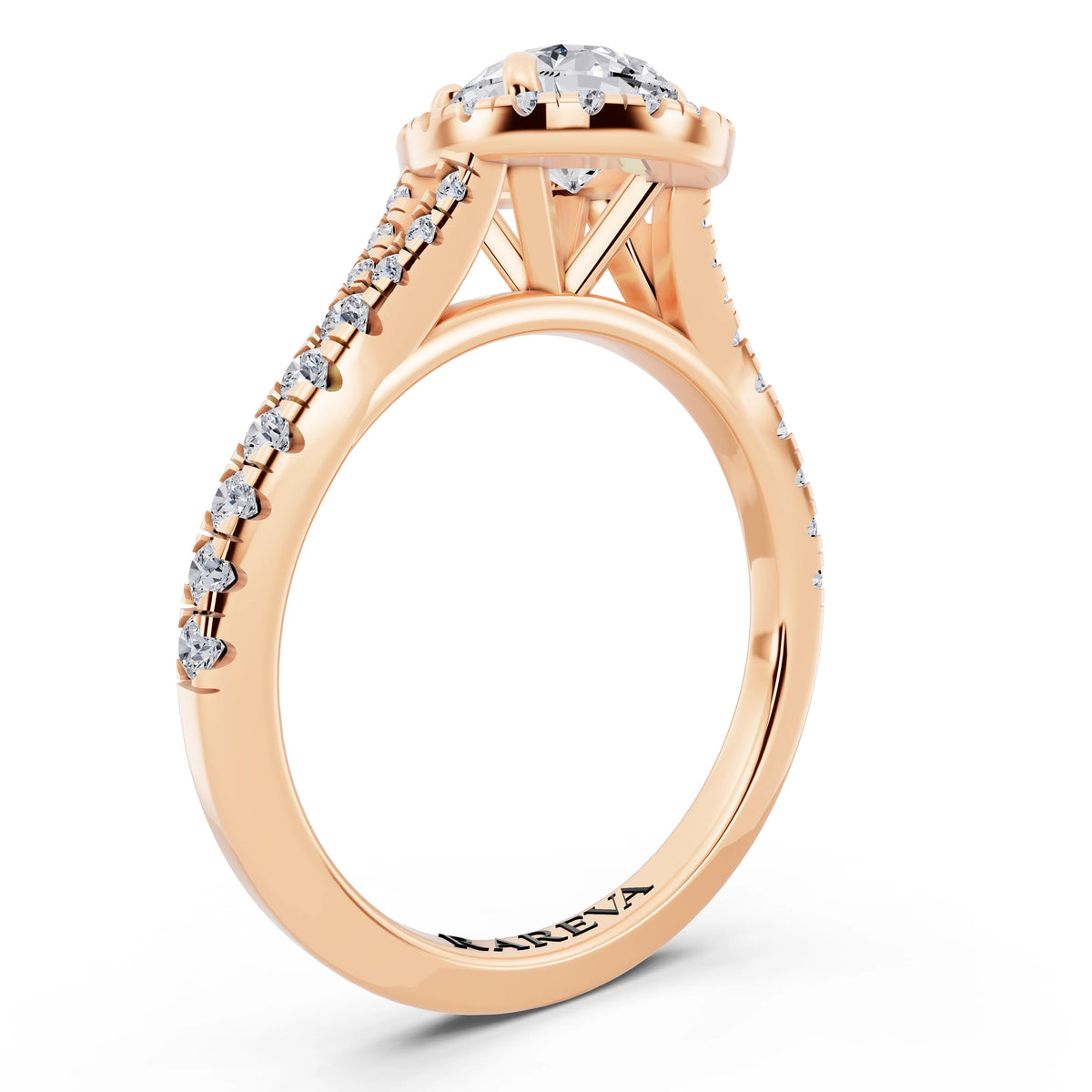 18 KT Rose Gold Pear Cut Diamond Halo Ring with Split Shank - top view