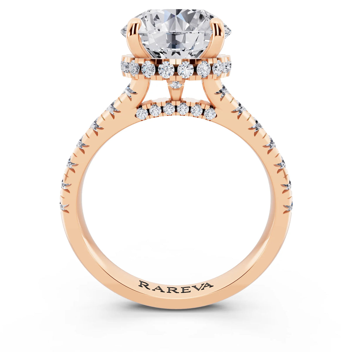 18 KT Rose Gold Round Cut Diamond Ring with Hidden Halo - through finger
