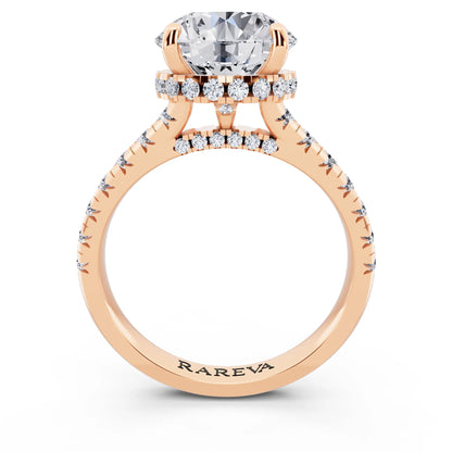 18 KT Rose Gold Round Cut Diamond Ring with Hidden Halo - through finger