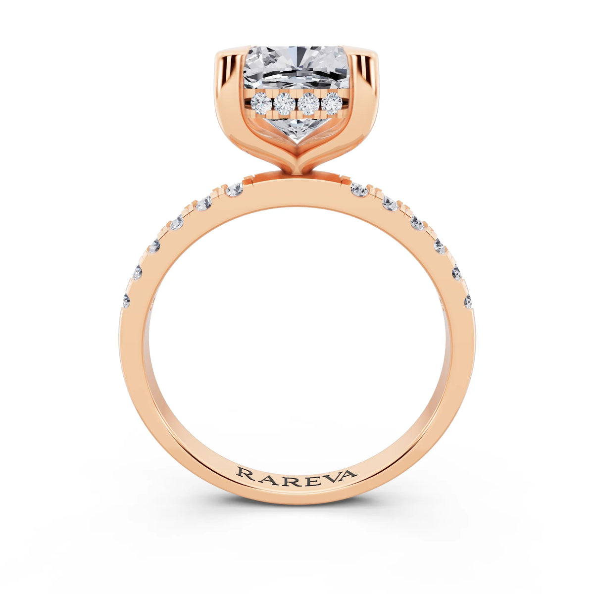 18 KT Rose Gold Cushion Cut Diamond Solitaire Ring with Round Pavé Band and Prong Setting - through finger