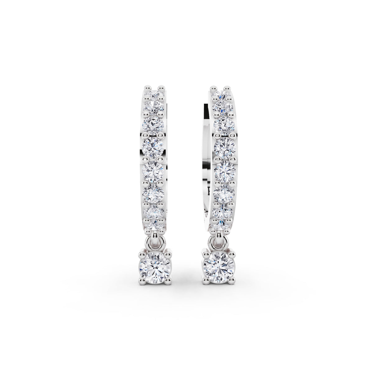 14KT White Gold Diamond Pave Hoop Earrings with Charm Drop - front