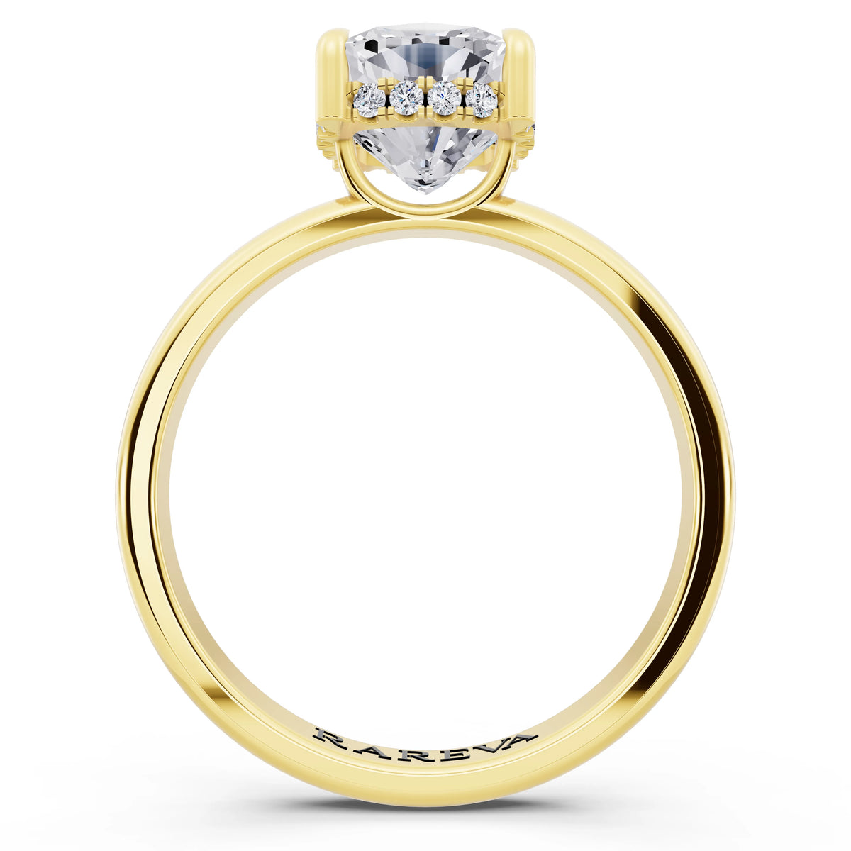 14 KT Yellow Gold Cushion Cut Diamond Solitaire Ring with Hidden Halo - front view