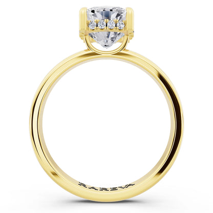 14 KT Yellow Gold Cushion Cut Diamond Solitaire Ring with Hidden Halo - front view