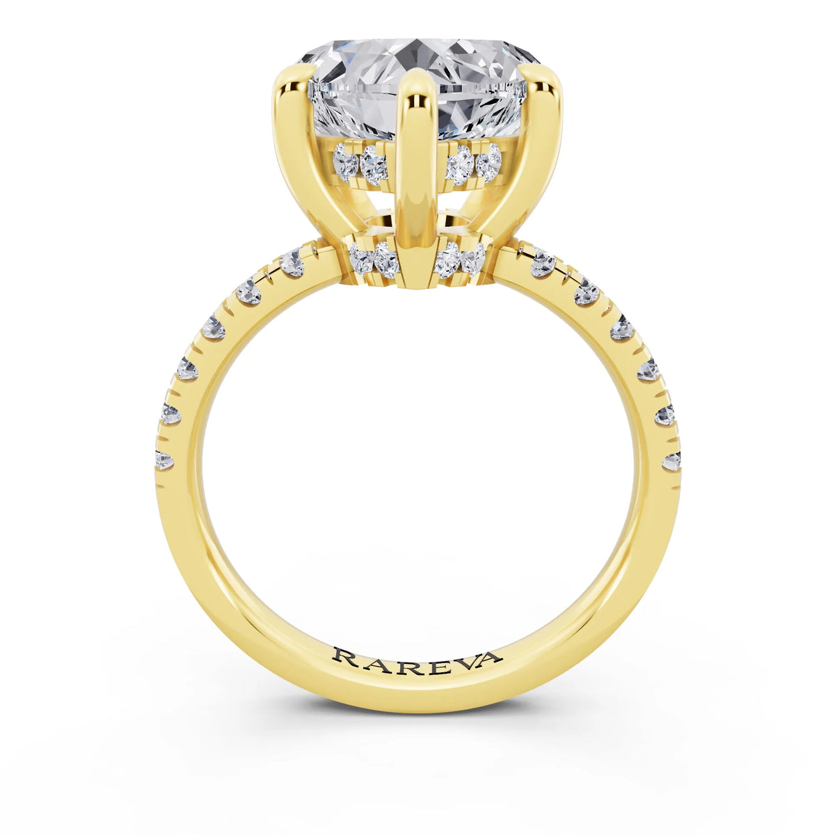 18 KT Yellow Gold Heart Cut Diamond Hidden Halo Tiger Prong Pave Band Ring - through finger