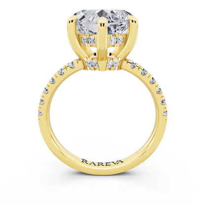 18 KT Yellow Gold Heart Cut Diamond Hidden Halo Tiger Prong Pave Band Ring - through finger