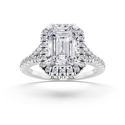 14 KT White Gold Emerald Cut Diamond Halo Ring with Split Shank - front view