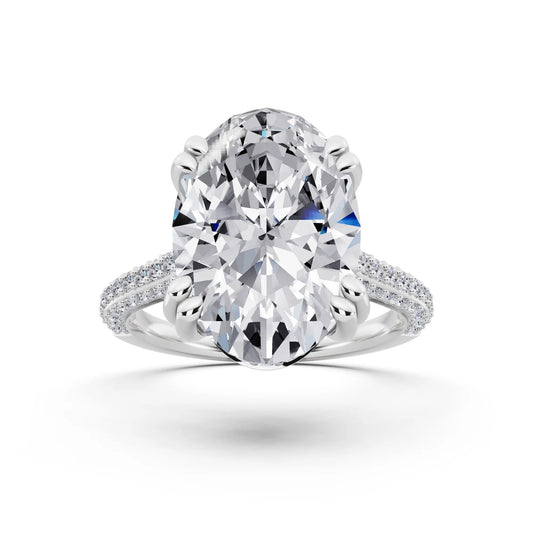 14 KT White Gold Oval Cut Diamond Hidden Halo Double Claw Pave Band Ring - front view