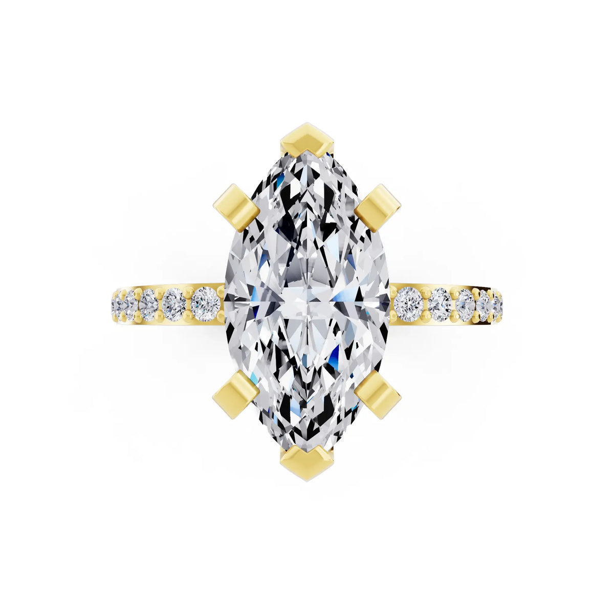 18 KT Yellow Gold Marquise Cut Diamond Solitaire Ring with Pave Shank - top angle