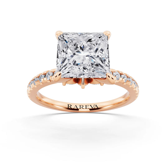 18 KT Rose Gold Princess Cut Diamond Solitaire Ring with Marquise Collar - front view