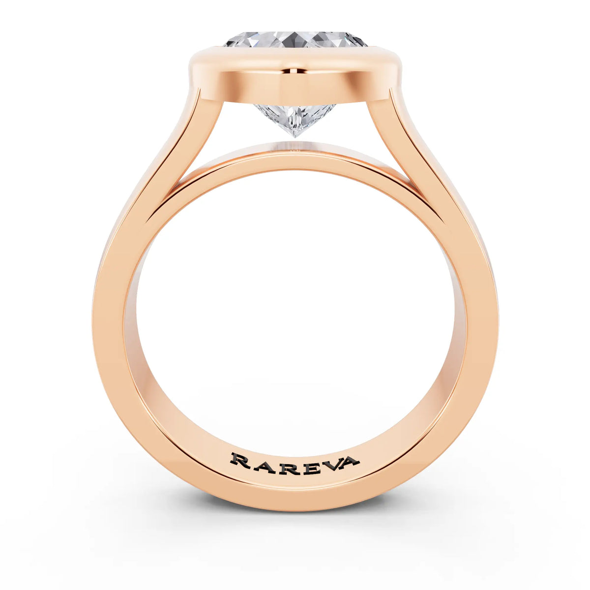 14 KT Rose Gold Heart Cut Diamond Bezel Set Solitaire Ring - through finger