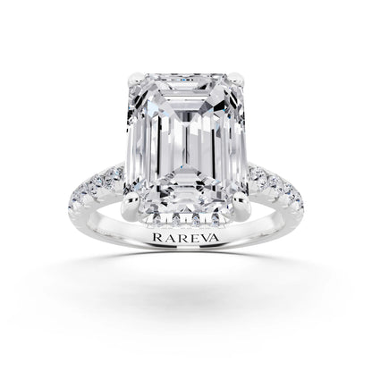 Platinum Emerald Cut Diamond Ring with Hidden Halo - front view