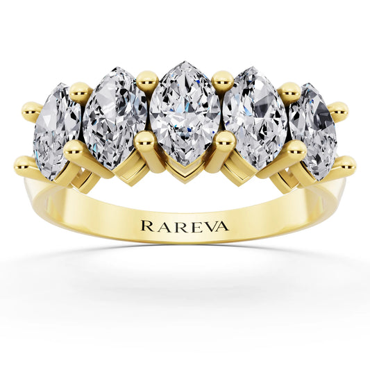 14K Yellow Gold Five Stone Marquise Cut Diamond Half Eternity Wedding Band - 2.5mm - Front