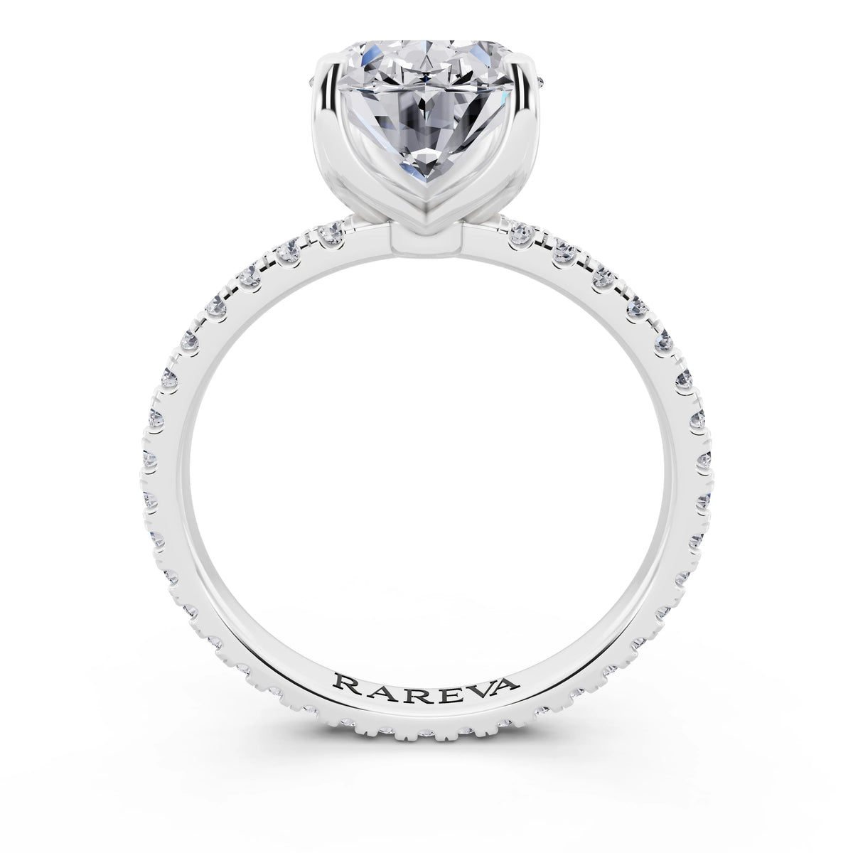 18 KT White Gold Oval Cut Diamond Solitaire Ring with Pave Eternity Band - through finger