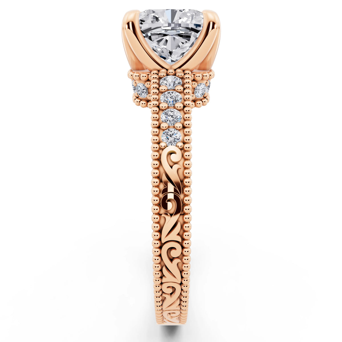 14 KT Rose Gold Cushion Cut Diamond Vintage - side view