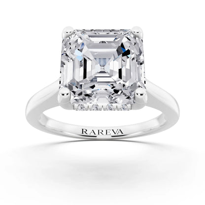 14 KT White Gold Asscher Cut Diamond Solitaire Ring with Cathedral Band - front view