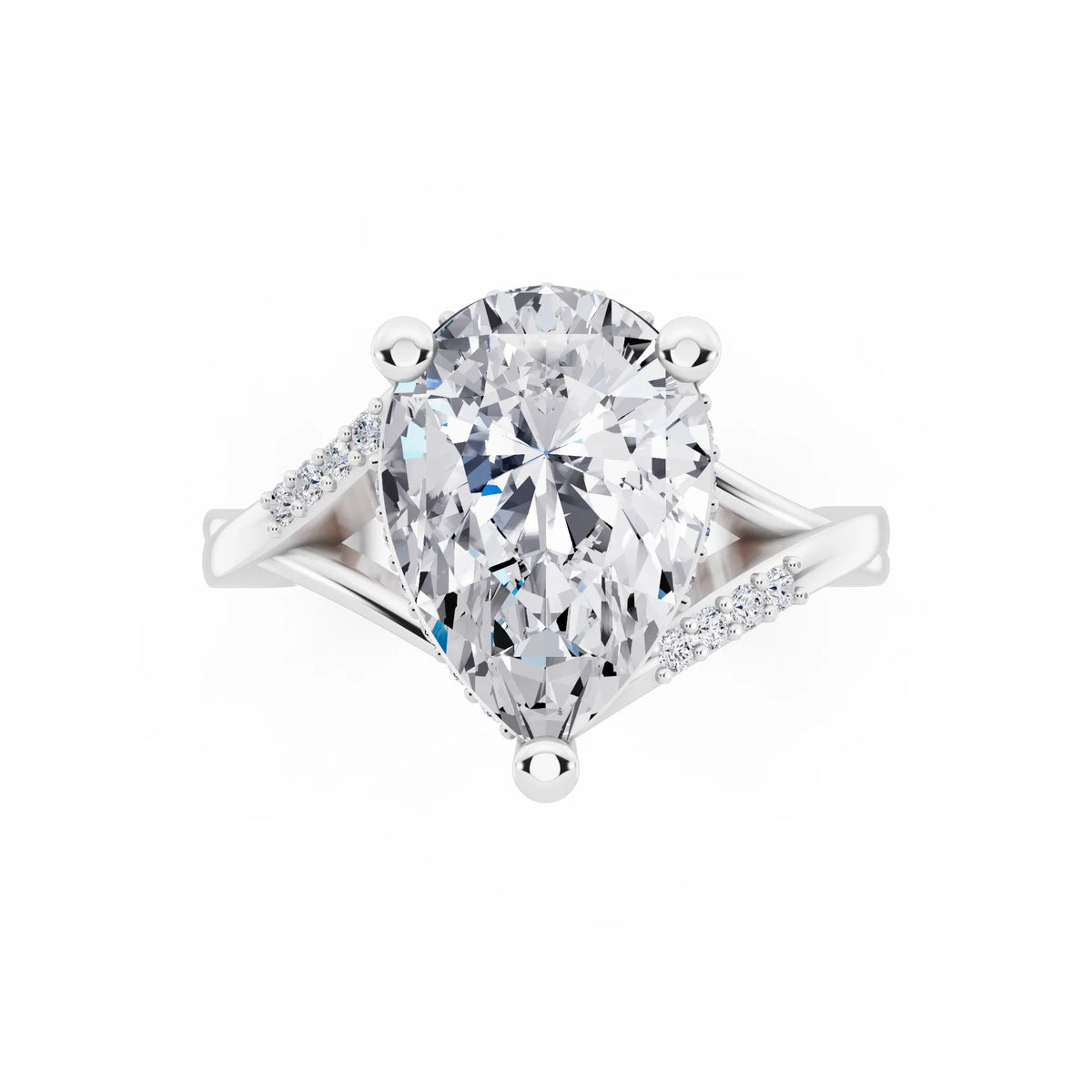 18 KT White Gold Pear Cut Diamond Split Shank Engagement Ring with Hidden Halo - top angle