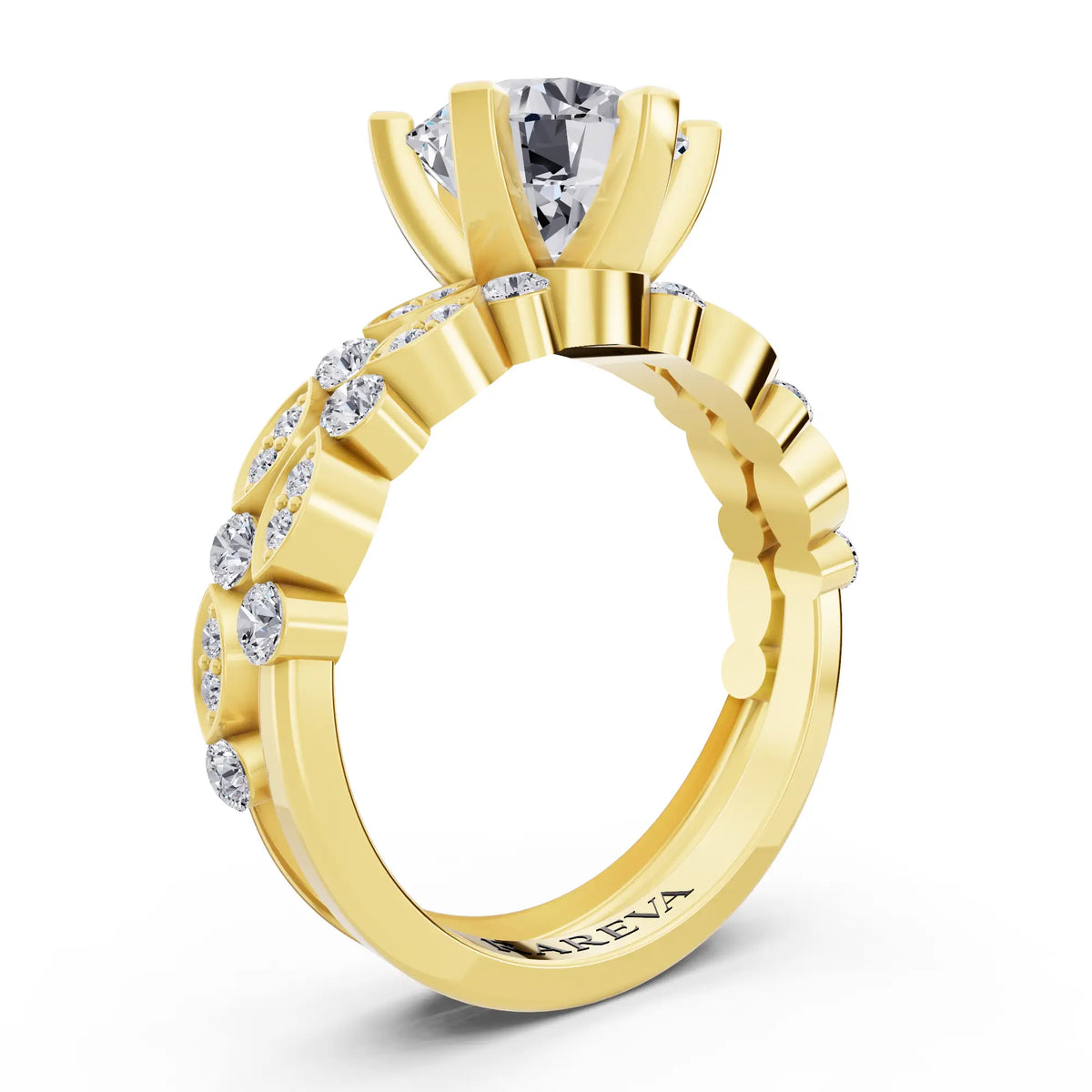 14 KT Yellow Gold Round Cut Diamond Solitaire Ring with Marquise Motif Band - Top view