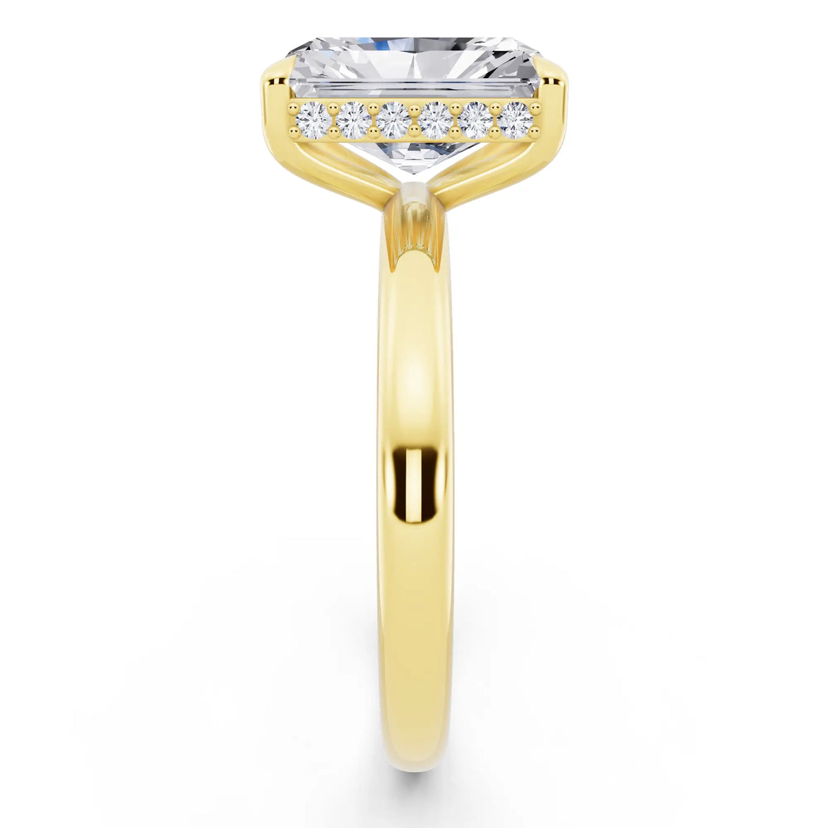 14 KT Yellow Gold Radiant Cut Diamond Hidden Halo Solitaire Ring - side view