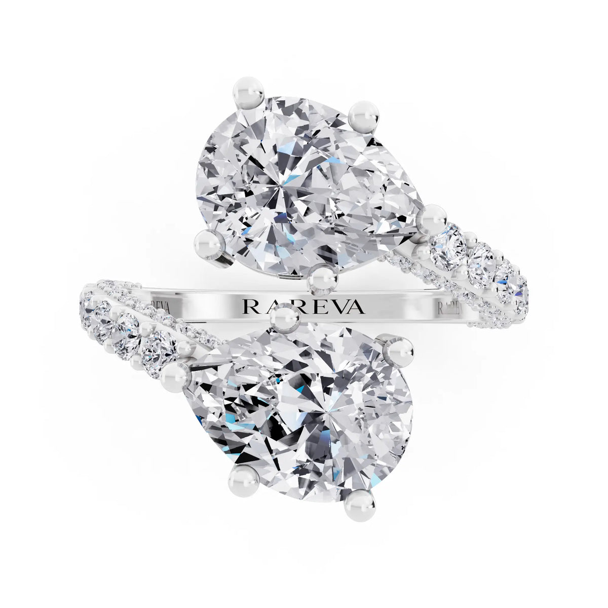 18 KT White Gold Pear Cut Diamond Two Stone Ring with Pave Band - Top down