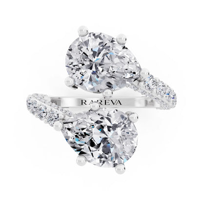 18 KT White Gold Pear Cut Diamond Two Stone Ring with Pave Band - Top down