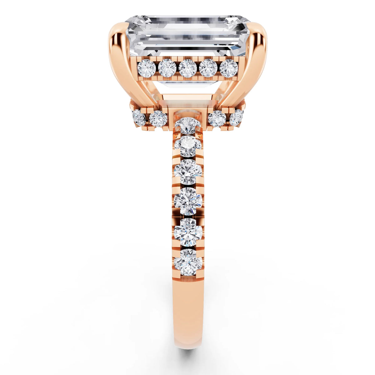 14 KT Rose Gold Emerald Cut Diamond Hidden Halo Tiger Prong Pave Band Ring - side view