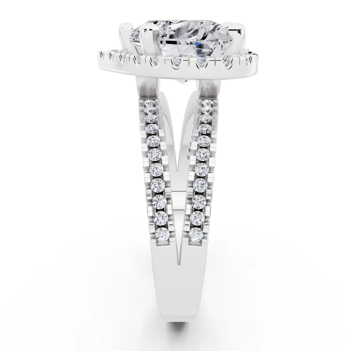14 KT White Gold Heart Cut Diamond Halo Ring with Pave Split Shank - side view