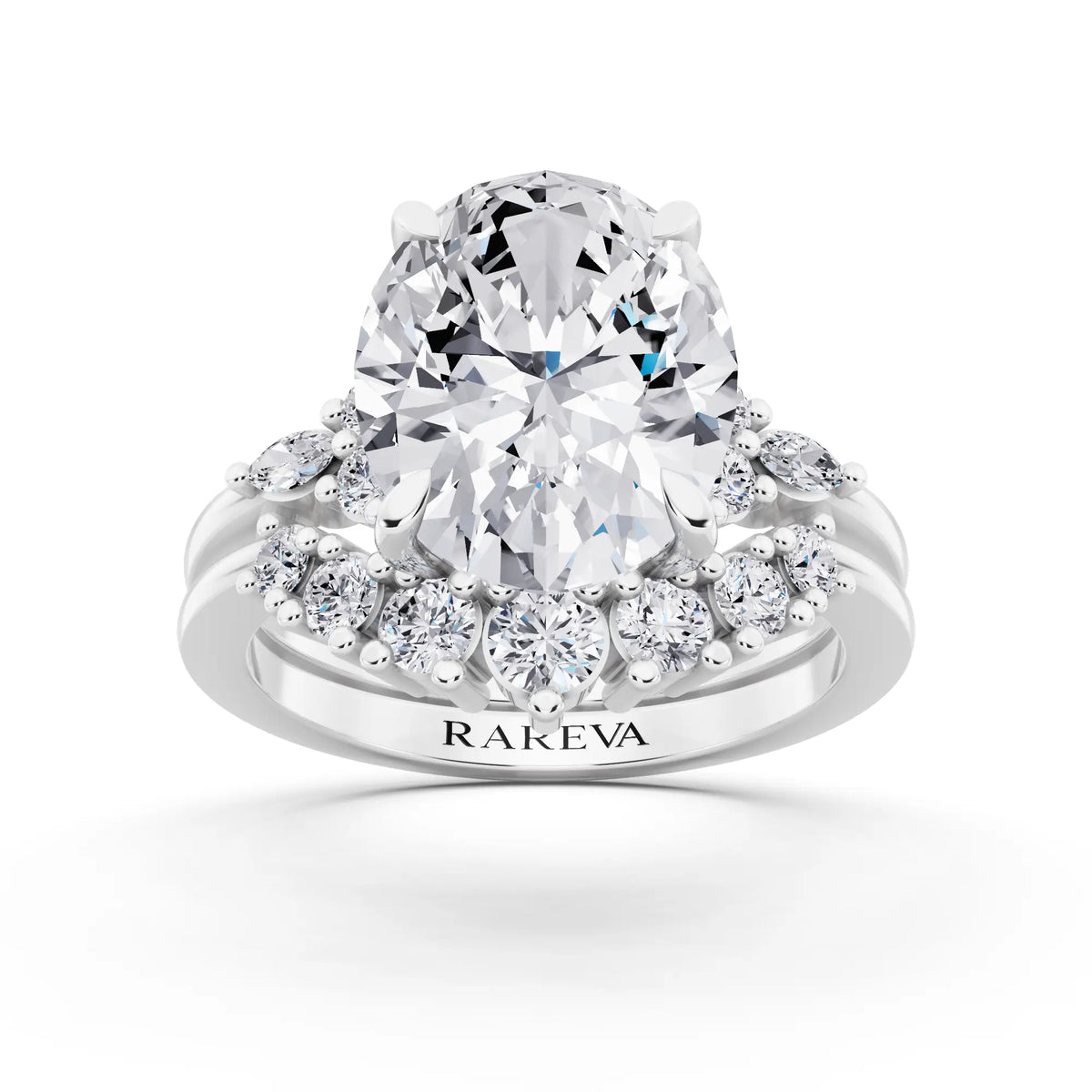 18 KT White Gold Oval Cut Diamond Ring with Curved Cluster Band - front view