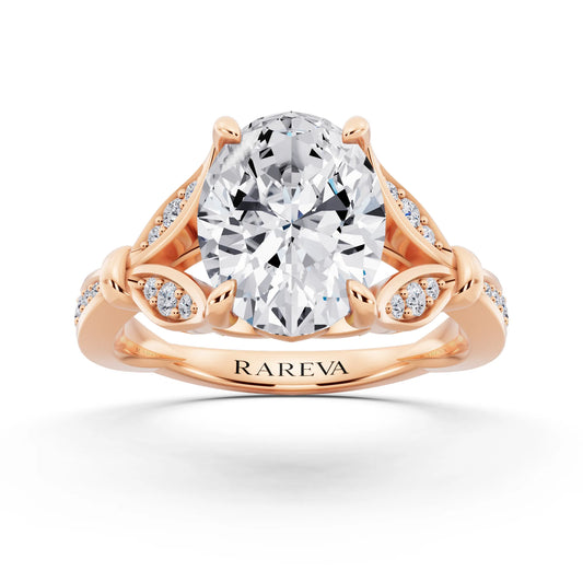 18 KT Rose Gold Oval Cut Diamond Ring with Lotus Collar - front view