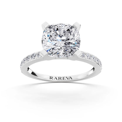 Platinum Cushion Cut Diamond Solitaire Ring with Pave Shank - front view