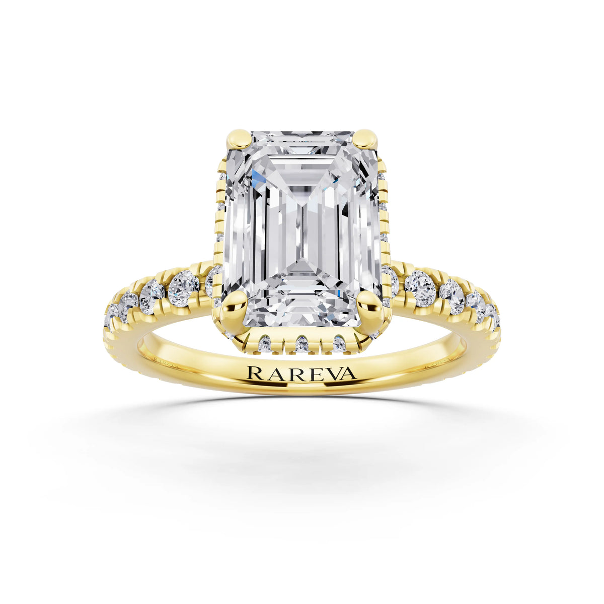 18 KT Yellow Gold Emerald Cut Diamond Hidden Halo Ring with Pave Band - front view